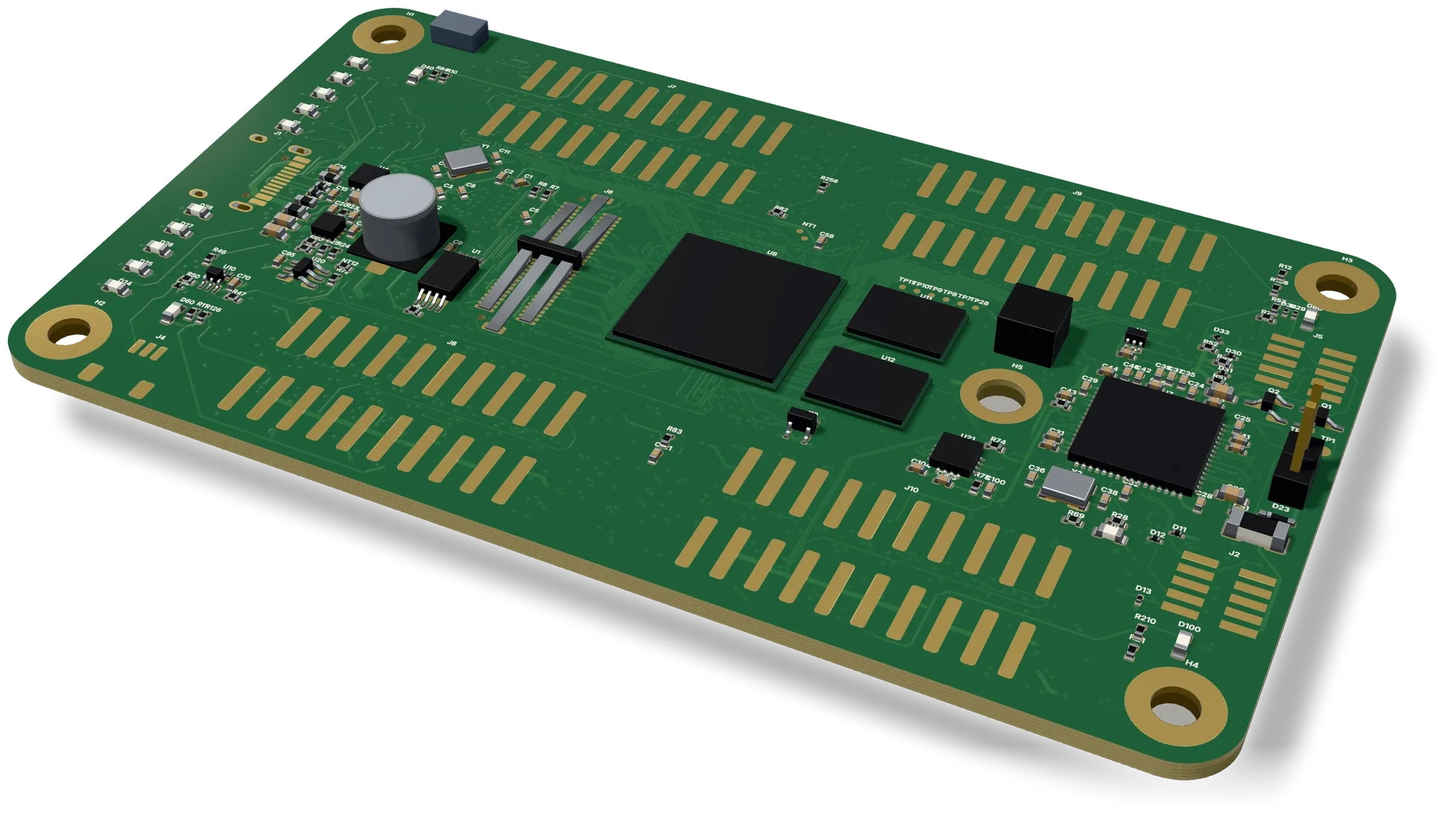 A six-layer circuit board in green solder mask with gold pads, drawn in 3D by Volt's renderer: a BGA processor, QFN chips, memory, a crystal, decoupling capacitors, LEDs, headers, rows of connector pads and plated mounting holes.